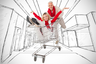 Composite image of happy festive couple messing in trolley