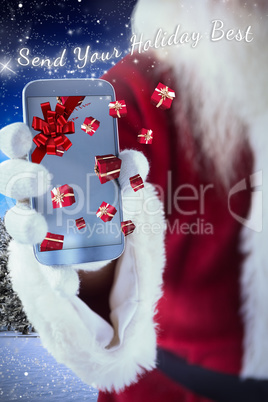 Composite image of santa claus shows a smartphone