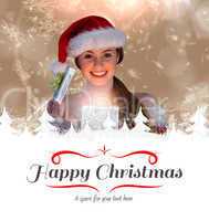 Composite image of sexy girl in santa costume opening a gift