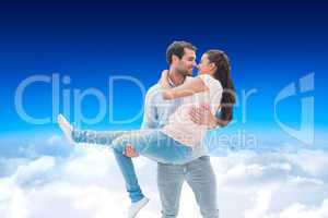 Composite image of attractive young couple having fun