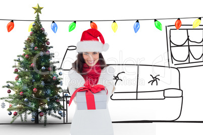 Composite image of festive brunette in santa hat giving gift