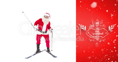 Composite image of portrait of happy santa claus skiing