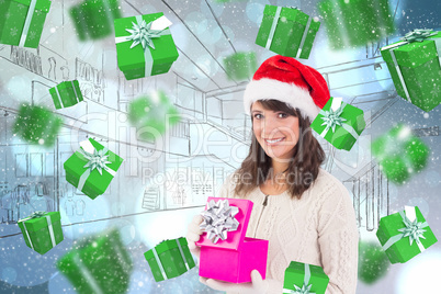 Composite image of brunette opening christmas gift while looking