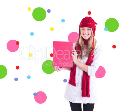 Composite image of pretty blonde showing red poster