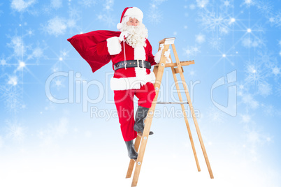 Composite image of santa claus climbing a ladder