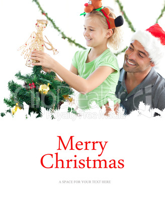Composite image of cute little girl decorating the christmas tre