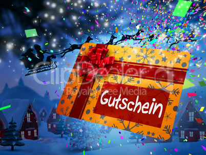 Composite image of santa flying his sleigh behind gift card