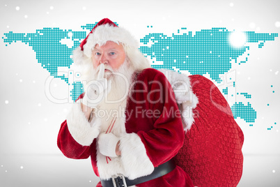 Composite image of santa asking for quiet with bag