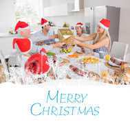 Composite image of festive family exchanging gifts