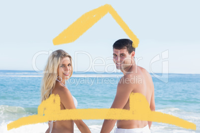 Composite image of rear view of couple holding hands looking