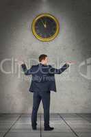 Composite image of businessman standing with arms out