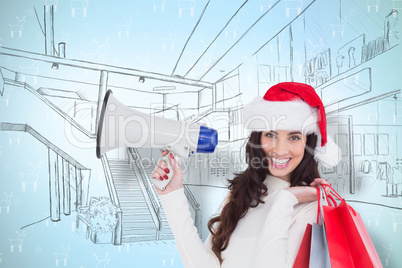 Composite image of smiling brunette holding gift bags and megaph