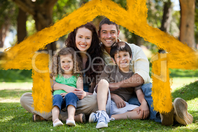 Composite image of happy family sitting in the garden