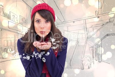 Composite image of festive brunette blowing over hands