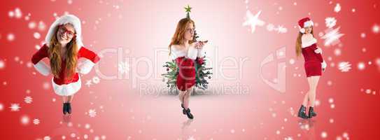 Composite image of festive redhead blowing over hands