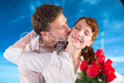 Composite image of woman getting roses from man