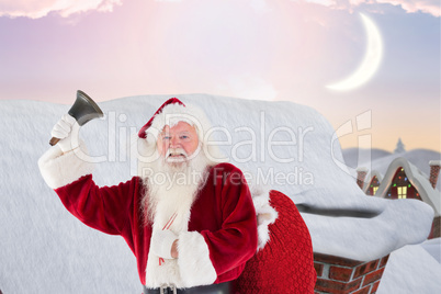 Composite image of happy santa ringing a bell