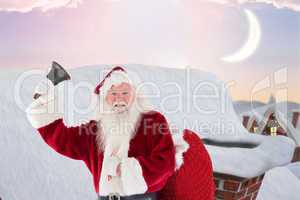 Composite image of happy santa ringing a bell