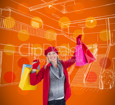 Composite image of blonde in winter clothes holding shopping bag