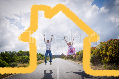 Composite image of excited couple jumping on the road