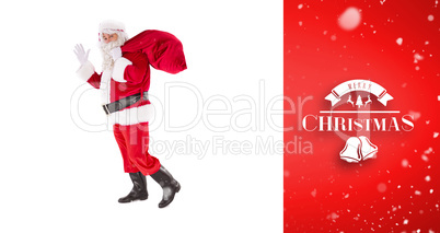 Composite image of santa holding a sack and waving