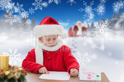 Composite image of cute boy drawing festive pictures