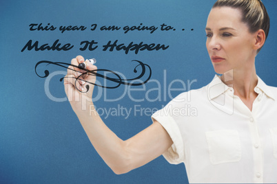 Composite image of serious businesswoman looking at pen in her h