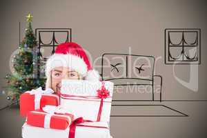 Composite image of festive blonde holding pile of gifts