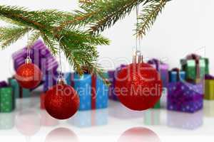 Composite image of baubles on tree