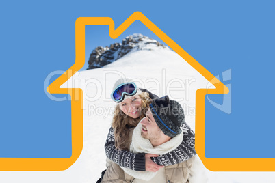 Composite image of man piggybacking cheerful woman against snowe