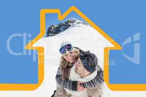 Composite image of man piggybacking cheerful woman against snowe