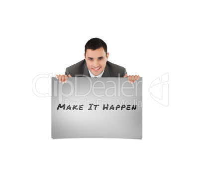 Composite image of businessman looking over wall