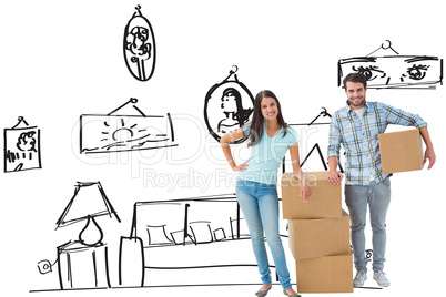 Composite image of attractive young couple with moving boxes