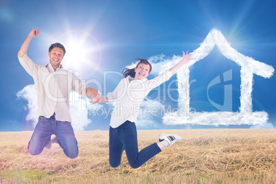 Composite image of couple jumping and holding hands