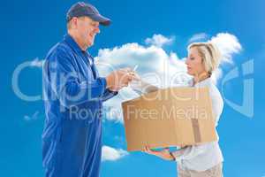 Composite image of happy delivery man with customer