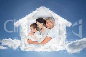 Composite image of cute family sleeping together in bed