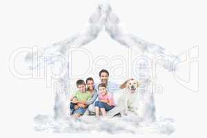 Composite image of cute family with pet labrador posing and smil