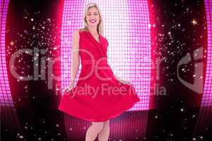 Composite image of stylish blonde in red dress