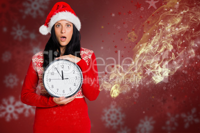 Composite image of woman shocked at the time