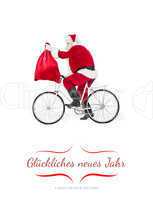 Composite image of santa cycling and holding his sack