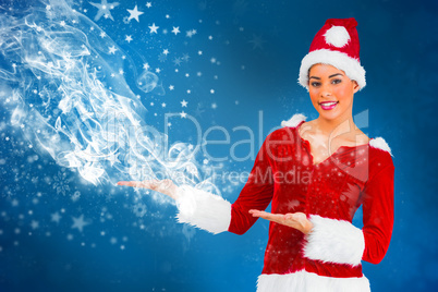 Composite image of pretty santa girl presenting with hands