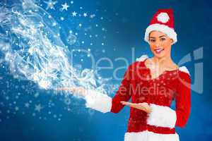 Composite image of pretty santa girl presenting with hands