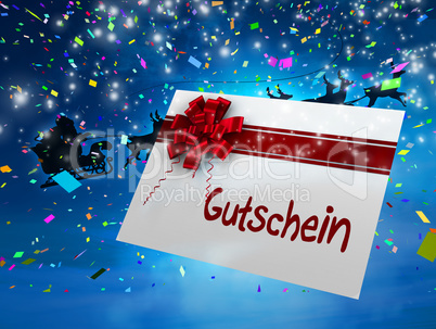 Composite image of santa flying his sleigh behind gift card