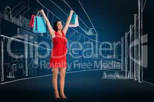 Composite image of woman standing with shopping bags