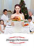 Composite image of mother showing turkey for christmas dinner