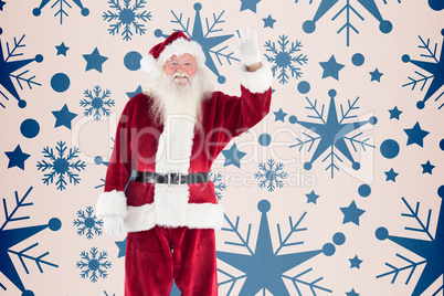 Composite image of jolly santa waving at camera