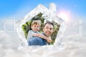 Composite image of father carrying young boy on back at park