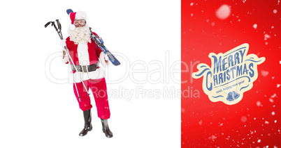 Composite image of santa claus holding ski and ski poles