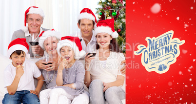 Composite image of family drinking wine and eating sweets in chr