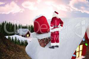 Composite image of santa on cottage roof